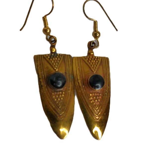 Vintage Brutalist Tribal Black Onyx ? Pierced Earrings READ - Picture 1 of 5